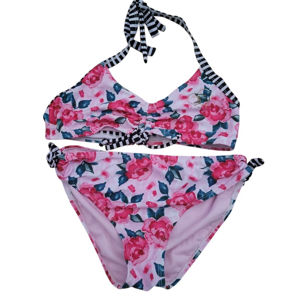 Juicy Couture Black Label Girls Floral Bikini 2 Piece Set Pink Black White Sz 14